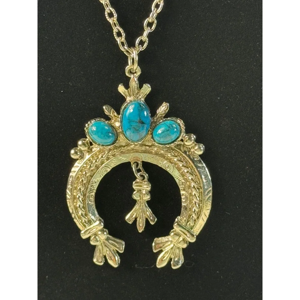 Western Horseshoe Squash Blossom Turquoise Necklace Silver Tone‎